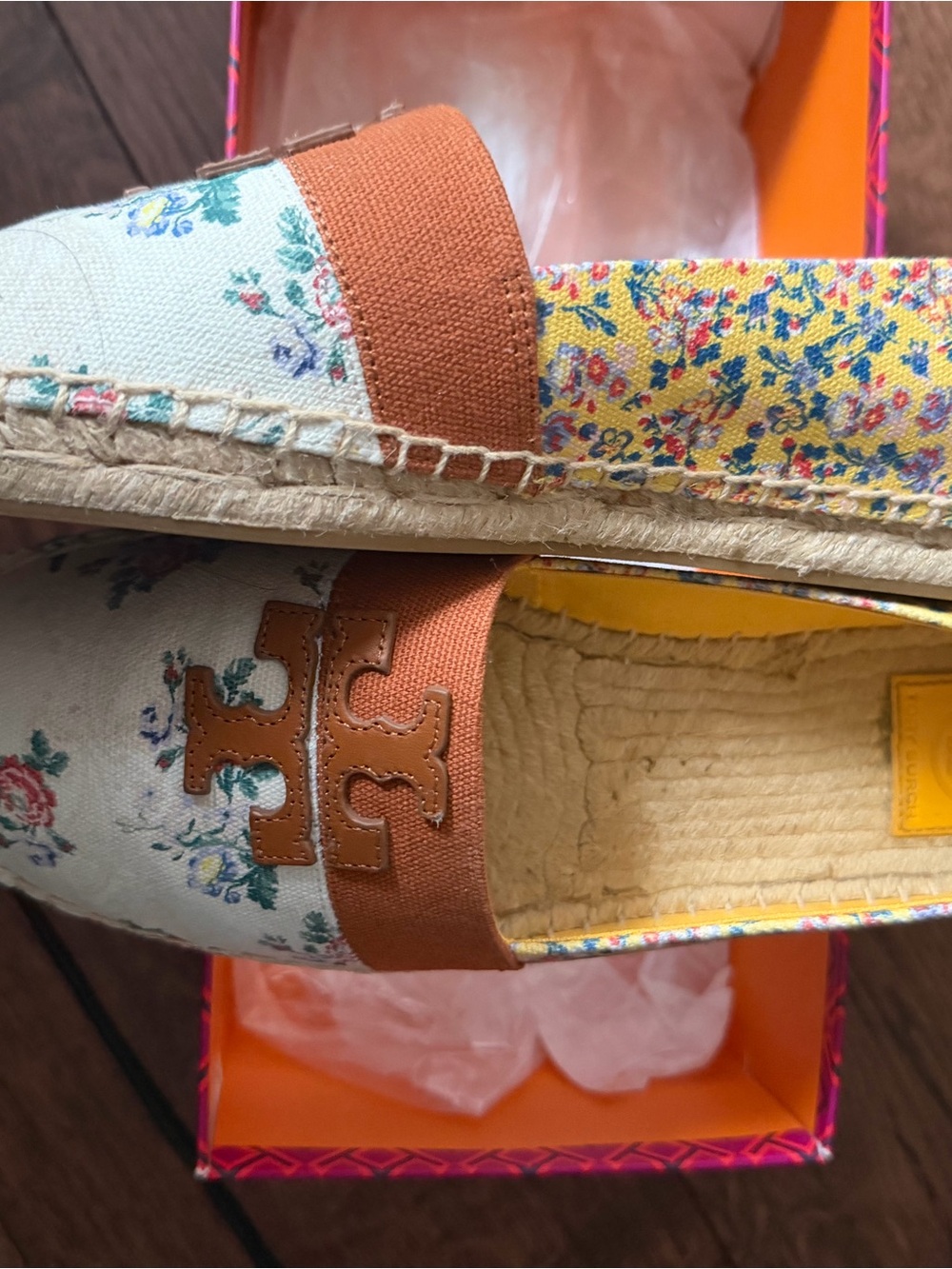 Tory Burch Floral Canvas Espadrilles in Rust and Yellow